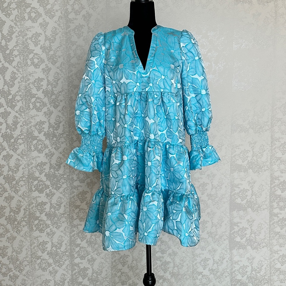 Tuckernuck Floral Blue Dress with Puff Sleeves